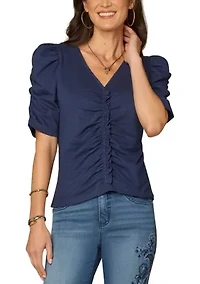 Women's Elbow Puff Sleeve Shirred Top
