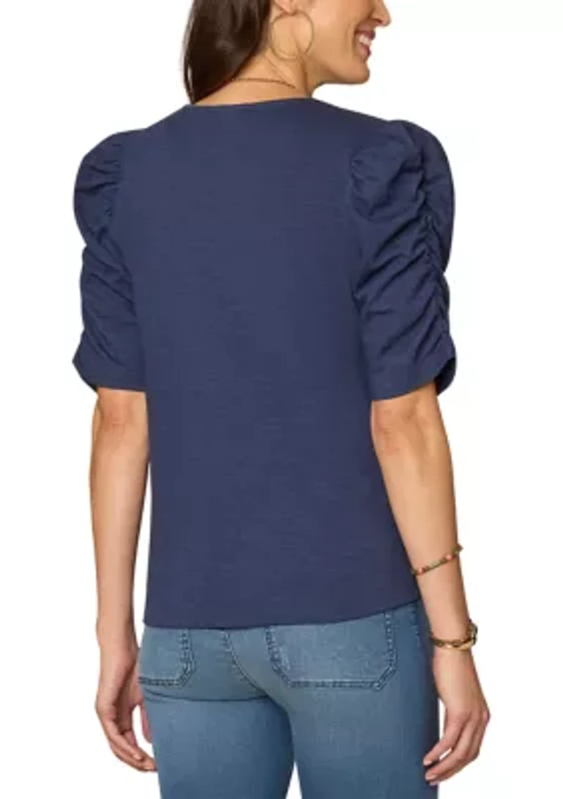 Women's Elbow Puff Sleeve Shirred Top