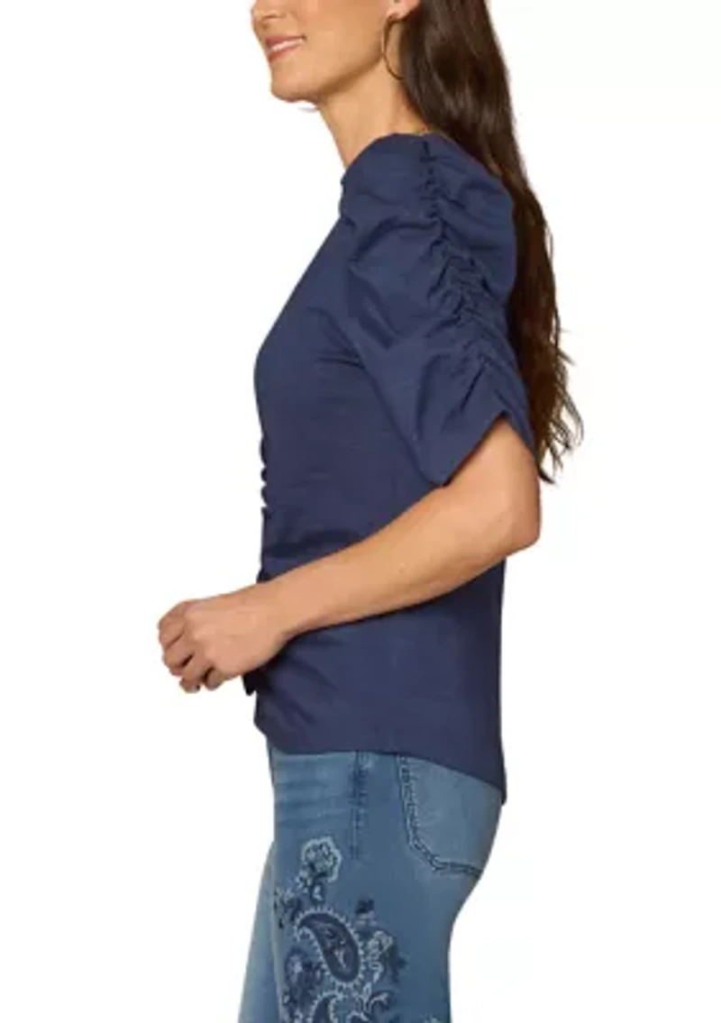 Women's Elbow Puff Sleeve Shirred Top