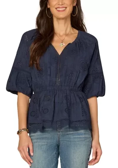 Women's Elbow Sleeve Peplum Crochet Top