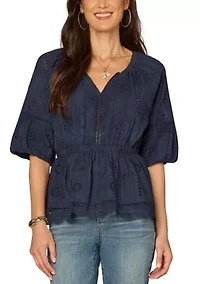 Women's Elbow Sleeve Peplum Crochet Top