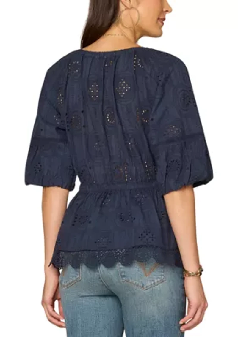Women's Elbow Sleeve Peplum Crochet Top