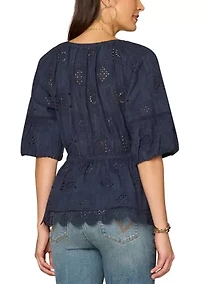Women's Elbow Sleeve Peplum Crochet Top