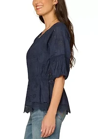 Women's Elbow Sleeve Peplum Crochet Top