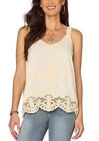 Women's Sleeveless V-Neck Embroidered Woven Scallop Hem Tank