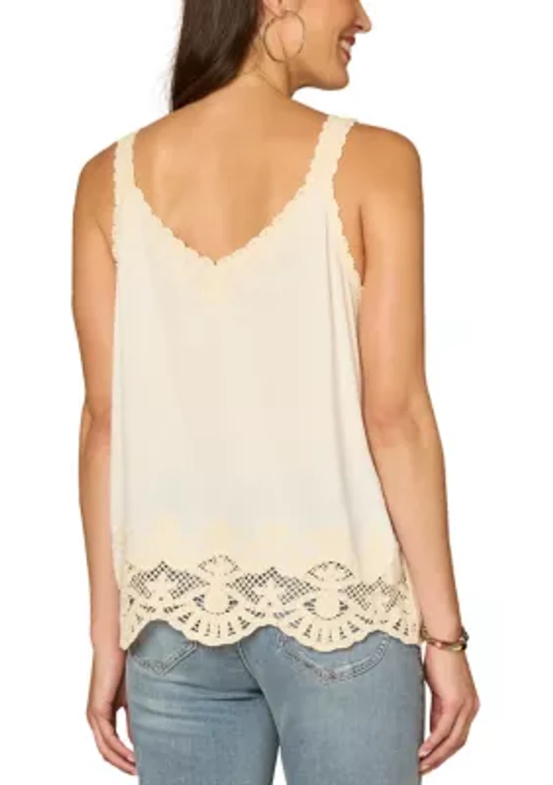 Women's Sleeveless V-Neck Embroidered Woven Scallop Hem Tank