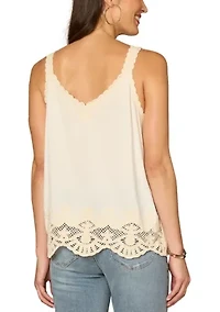 Women's Sleeveless V-Neck Embroidered Woven Scallop Hem Tank