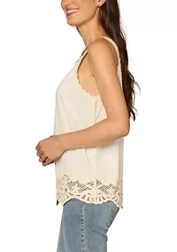 Women's Sleeveless V-Neck Embroidered Woven Scallop Hem Tank