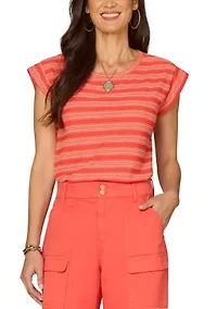 Women's Cap Sleeve Striped Shirttail Hem Top