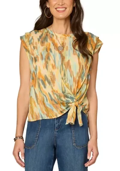 Women's Cap Sleeve Tie Front Abstract Print Top