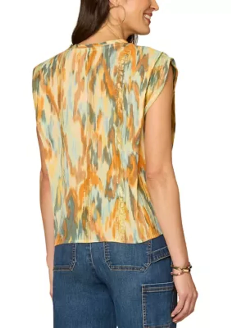 Women's Cap Sleeve Tie Front Abstract Print Top