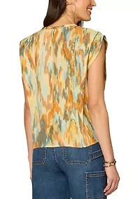 Women's Cap Sleeve Tie Front Abstract Print Top
