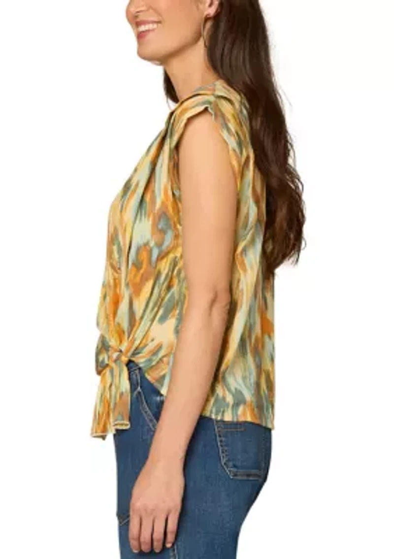 Women's Cap Sleeve Tie Front Abstract Print Top
