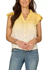Women's Short Sleeve Ombre Button Down Top