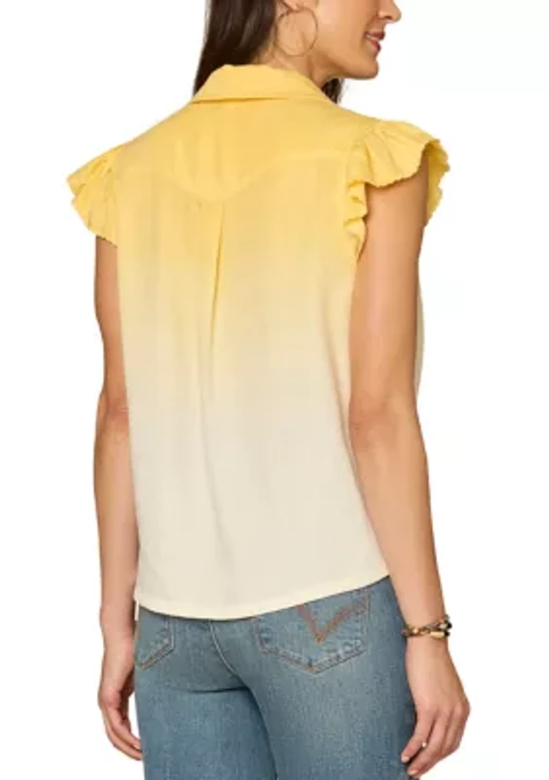 Women's Short Sleeve Ombre Button Down Top