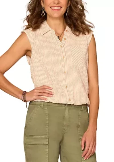 Women's Sleeveless Button Down Bubble Hem Striped Top