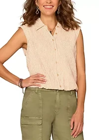 Women's Sleeveless Button Down Bubble Hem Striped Top