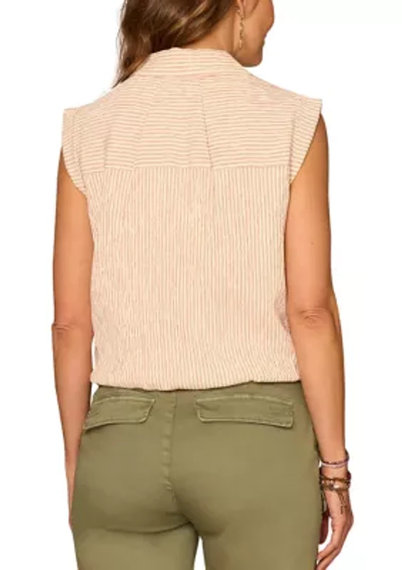 Women's Sleeveless Button Down Bubble Hem Striped Top