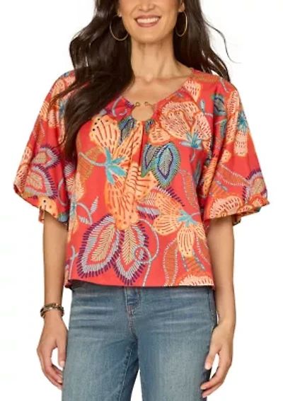 Women's Short Sleeve Bubble Floral Printed O-Ring Top