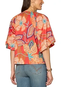 Women's Short Sleeve Bubble Floral Printed O-Ring Top
