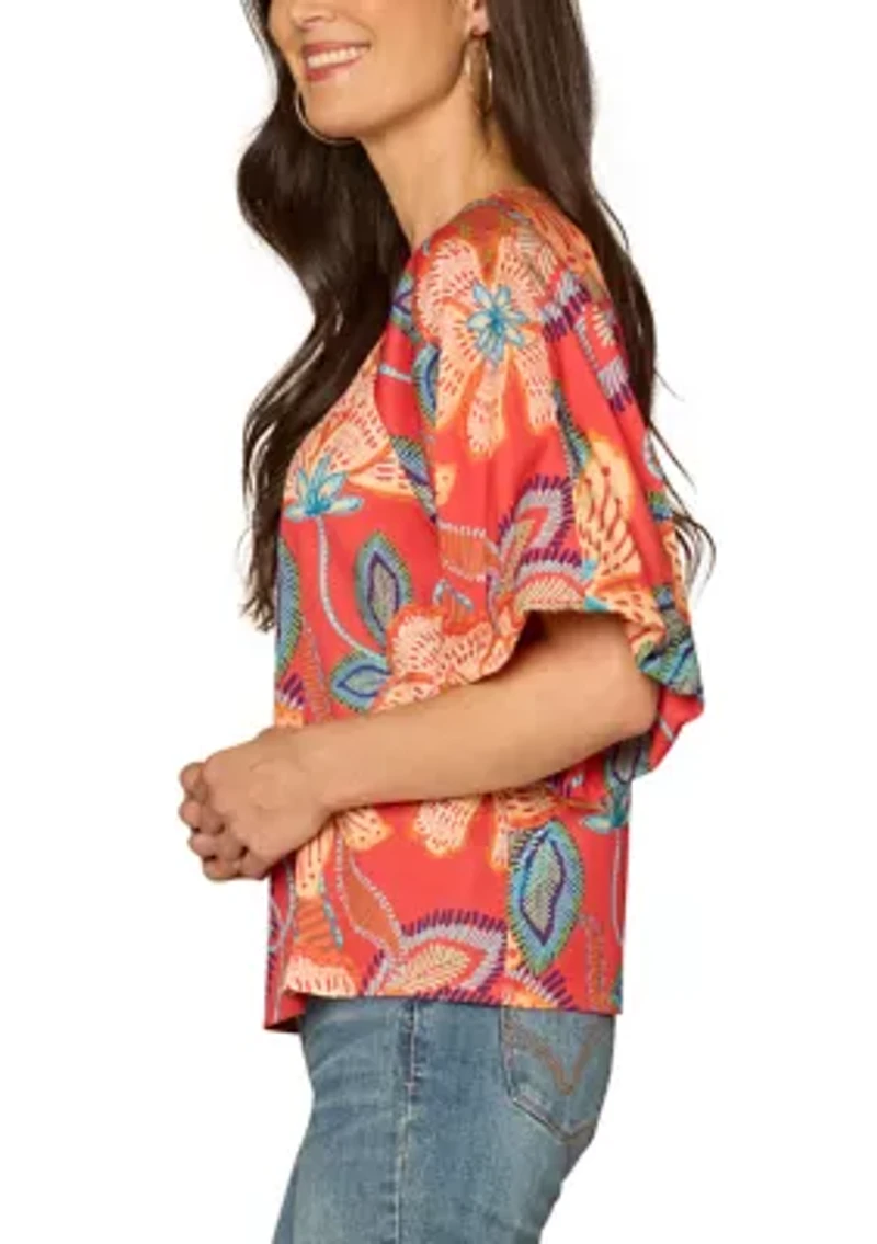 Women's Short Sleeve Bubble Floral Printed O-Ring Top