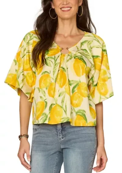 Women's Short Sleeve Bubble Lemon Print O-Ring Top