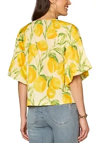 Women's Short Sleeve Bubble Lemon Print O-Ring Top