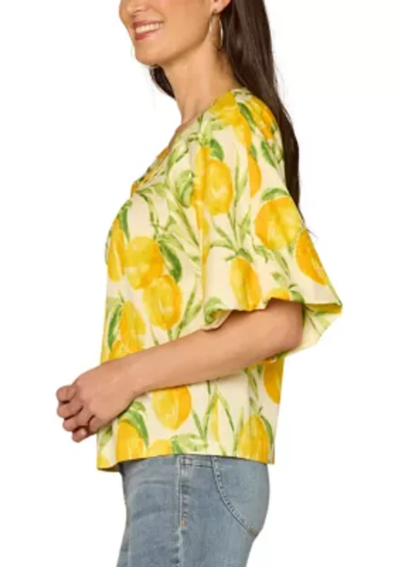 Women's Short Sleeve Bubble Lemon Print O-Ring Top