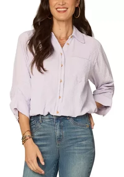 Women's Crinkle Button Up Top with Bubble Hem