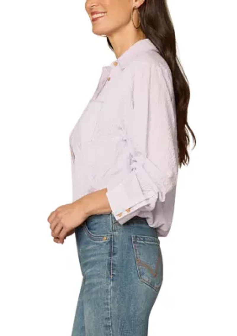 Women's Crinkle Button Up Top with Bubble Hem