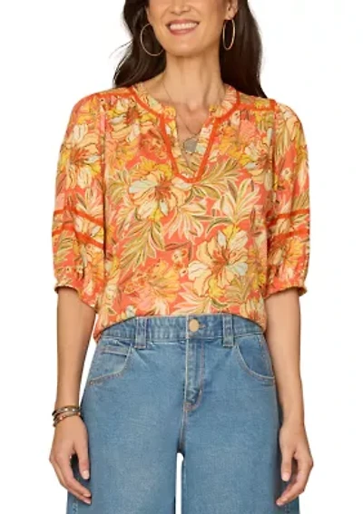 Women's Three-Quarter Blouson Sleeve V-Neck Top