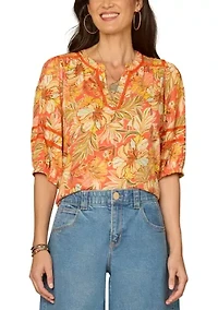 Women's Three-Quarter Blouson Sleeve V-Neck Top