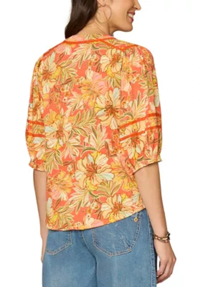 Women's Three-Quarter Blouson Sleeve V-Neck Top