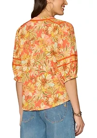 Women's Three-Quarter Blouson Sleeve V-Neck Top