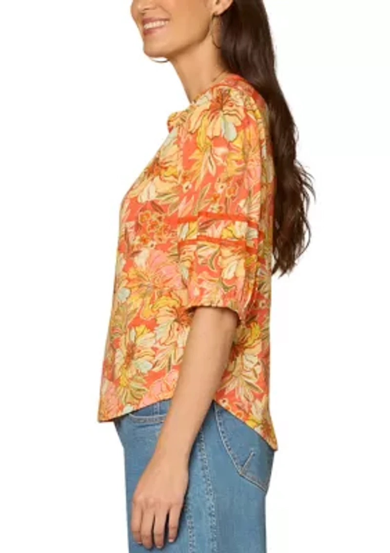 Women's Three-Quarter Blouson Sleeve V-Neck Top