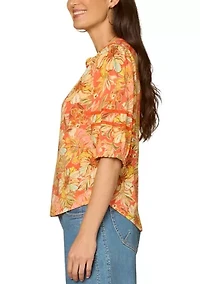 Women's Three-Quarter Blouson Sleeve V-Neck Top