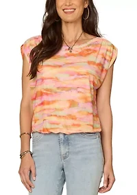 Women's Cap Sleeves Bubble Hem Mesh Top