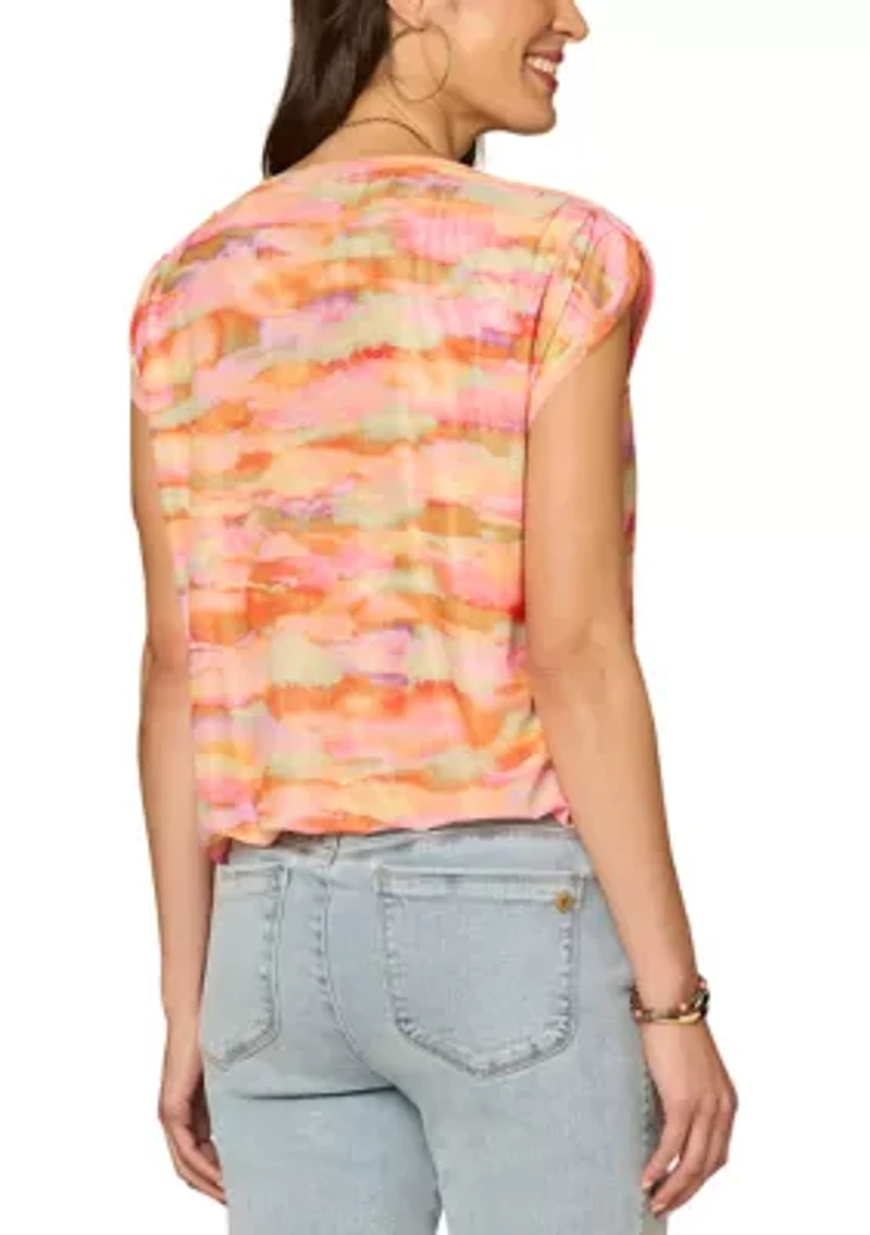 Women's Cap Sleeves Bubble Hem Mesh Top