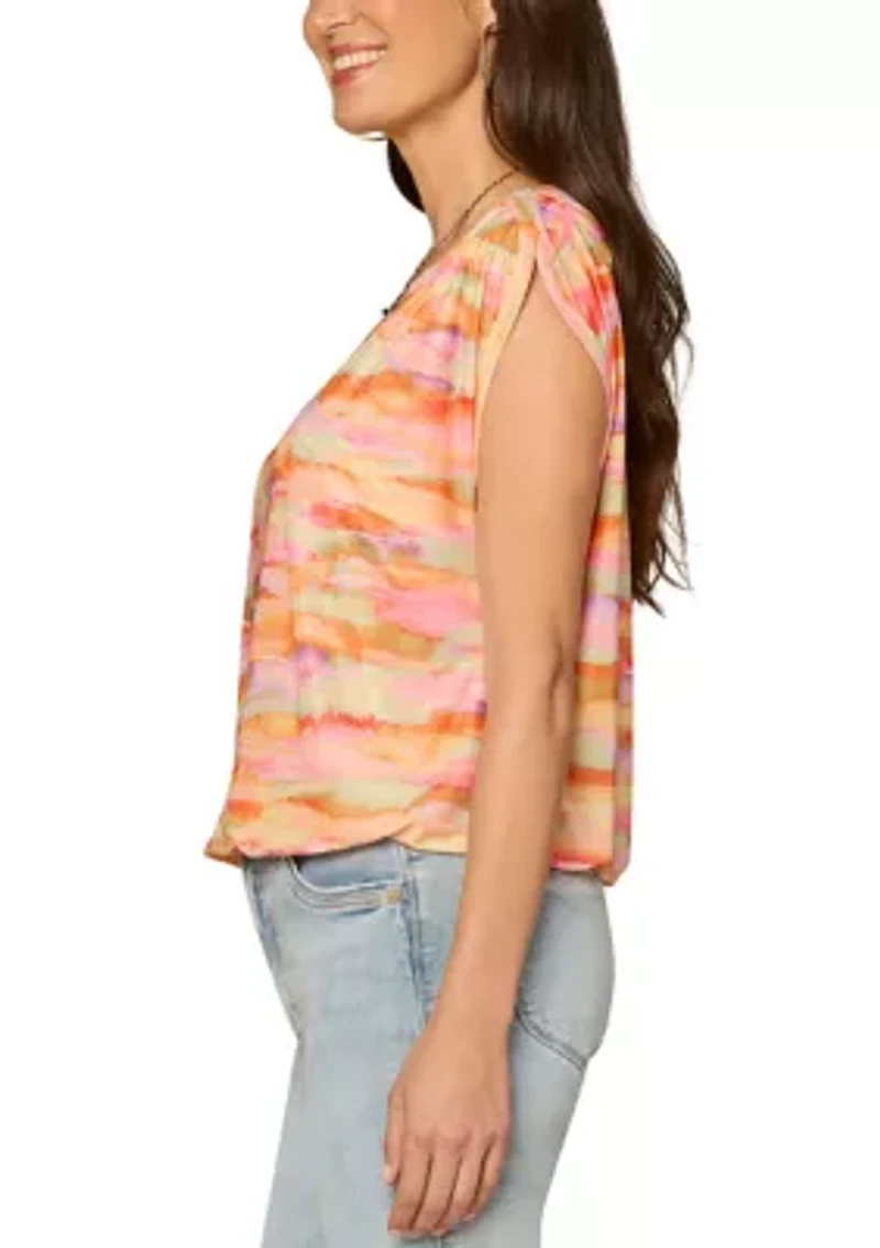 Women's Cap Sleeves Bubble Hem Mesh Top