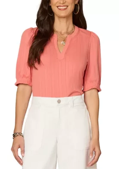 Women's Elbow Puff Sleeve Mandarin Collared Top