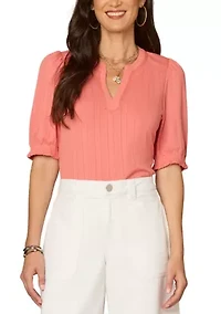 Women's Elbow Puff Sleeve Mandarin Collared Top