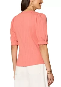 Women's Elbow Puff Sleeve Mandarin Collared Top