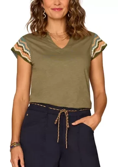 Women's Short Sleeve Crochet Cap Notch Neck Shirt