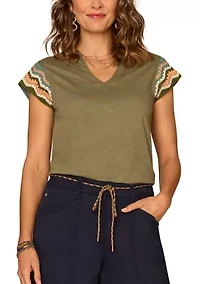 Women's Short Sleeve Crochet Cap Notch Neck Shirt