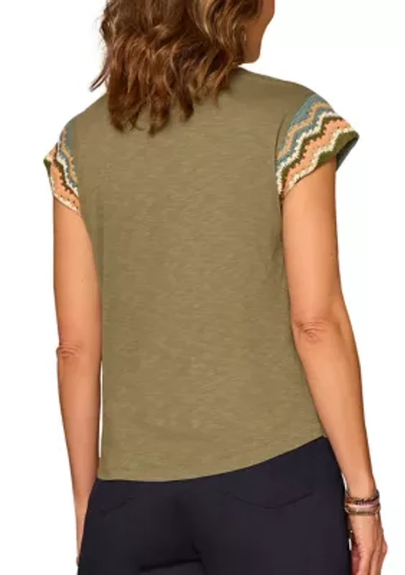 Women's Short Sleeve Crochet Cap Notch Neck Shirt
