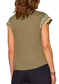 Women's Short Sleeve Crochet Cap Notch Neck Shirt