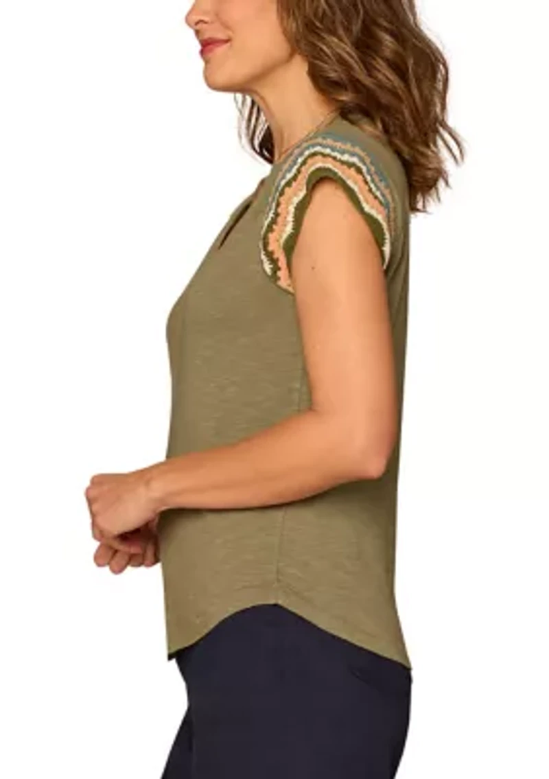 Women's Short Sleeve Crochet Cap Notch Neck Shirt