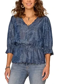 Women's Elbow Blouson Sleeve Top with Flutter Hem
