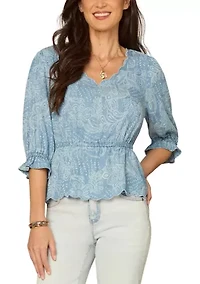 Women's Elbow Blouson Sleeve Top with Flutter Hem