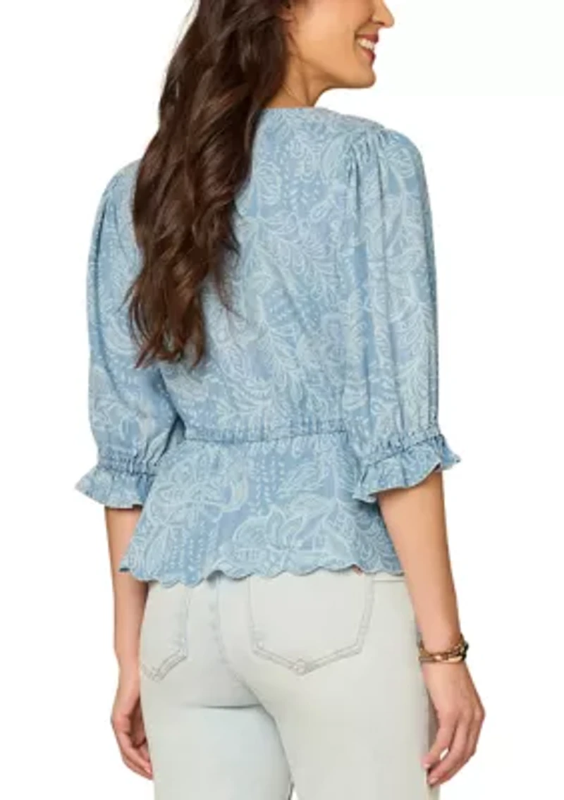 Women's Elbow Blouson Sleeve Top with Flutter Hem